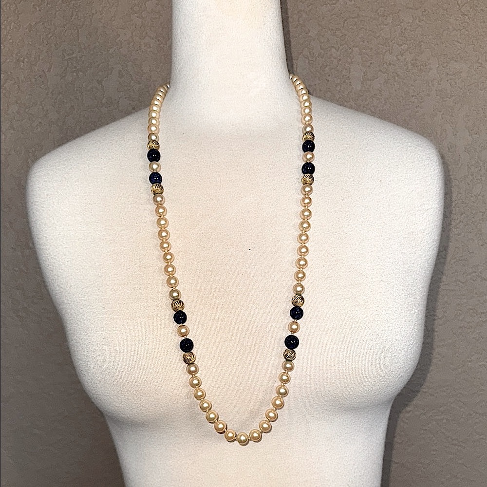 Vintage Signed Les Bernard Faux Pearl & Lapis 30” Handknotted Necklace
